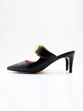 Cole Haan Vandam Black Leather Pointed Toe 3" Kitten Heel Buckle Mules - 8